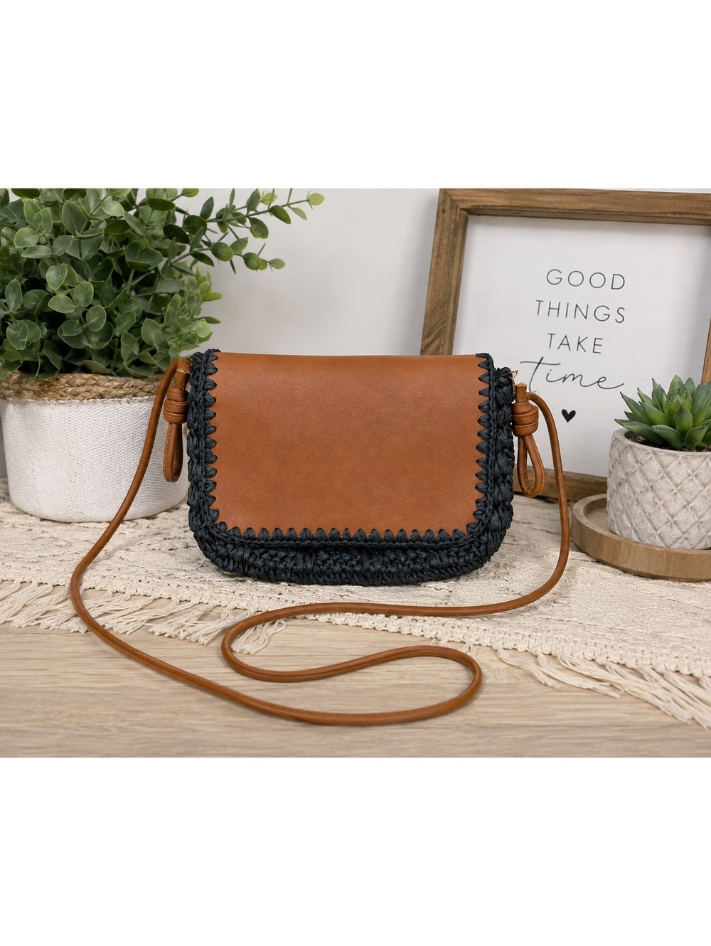 Universal Thread Brown Faux Leather & Black Woven Raffia Crossbody Bag